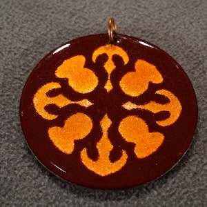Vintage Art Deco Style Copper Style Enameled Round Etched Scrolled Pendant Jewelry   K#74