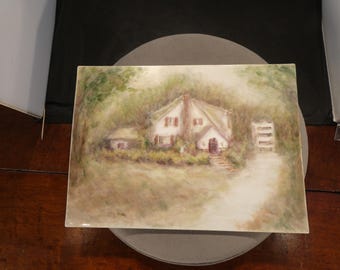 Antique Vintage Hand Painted Porcelain Artist Signed Scenic Landscape Old English Cottage House Decorative Wall Plaque Hanging Home Decor
