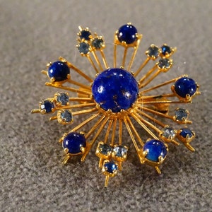 Vintage Art Deco Style Yellow Gold Tone Rhinestone Glass Stone Blue Round Brooch Pin Jewelry    K#80