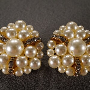 Vintage Art Deco Style Yellow Gold Tone Faux Pearl Round Rhinestone Glass Stone Clip On Earrings Jewelry    K#60