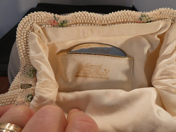 Antique Vintage USA Petit Bead Round Stones Ornate Design Purse Handbag Hand Clutch Snap Closure Elegant Style Fashion Accessory Mirror View 4