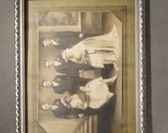 Antique Vintage Rectangle Black White Photograph Picture Frame Victorian Bride Groom Wedding Party Period Clothing Raised Relief Wood Frame