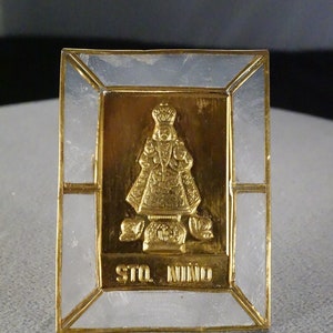 Antique Vintage Italian Brass  Raised relief Etched Scrolled Religious Figural Rectangle Framed Frosted Glass Art Deco Style Table Top  #800