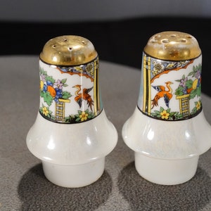 May include: A pair of white ceramic salt and pepper shakers with a gold top and a colourful floral and bird design.