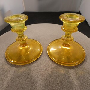 Antique Vintage Set 2 Candle Stick Holders Yellow Uranium Vaseline Glass Table Top Dinning Home Decor Classic Collectable