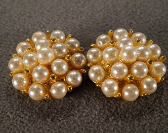Vintage Art Deco Style Yellow Gold Tone Faux Pearl Round Clip On Earrings Jewelry    K#81