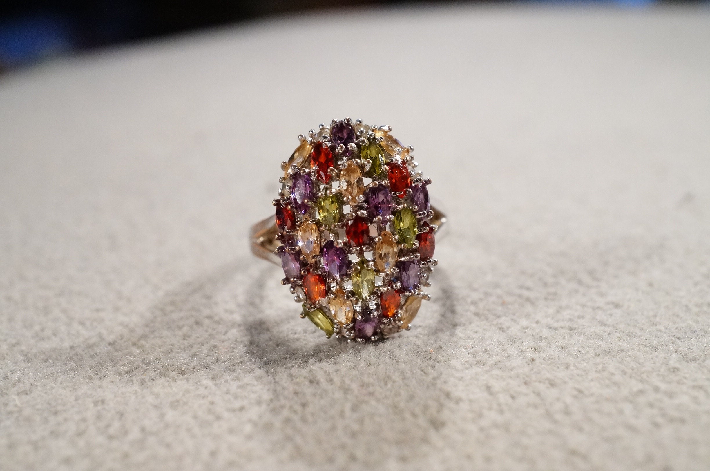 Vintage Band Ring Sterling Silver Multi Oval Prong Set Golden Citrine African Amethyst Garnet Cluster Multi Stone Halo Setting Classic, 7