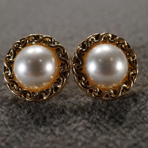 Vintage Art Deco Style Yellow Gold Tone Faux Pearl Rhinestone Glass Stone Round Stud Style Pierced Earrings Jewelry   K#37
