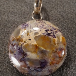 vintage sterling silver statement pendant charm with huge round brown gray blue agate stone in a bezel setting large bale, 1 3/8 inch  **M2