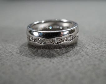 Vintage Wedding Eternity Band Stacker Design Ring Sterling Silver Multi Round Bezel Set Cubic Zirconia Classic Collectable, Size 8