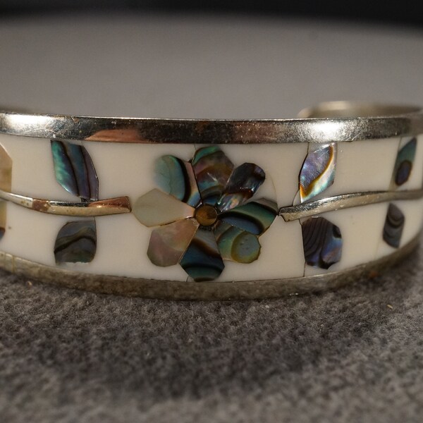 vintage sterling silver art deco bangle cuff bracelet with inset abalone in floral designs, 2 1/4 x 2 inches  **M5