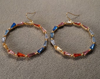 Vintage Art Deco Style Yellow Gold tone Round Hoop Design Euro Wire Dangle Rhinestone Glass Stone Dangle Pierced Earrings Jewelry    K#67