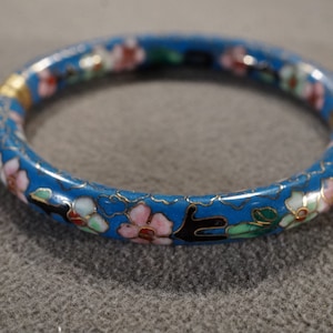 Vintage Art Deco Style Brass Genuine Cloissone Enameled Floral Design Blue Bangle Eternity Style Stackable Bracelet Jewelry    K#6