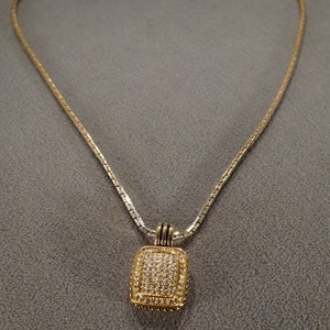 Antique Vintage Yellow Gold Tone Signed Sarah Coventry Clear Rhinestone Multi Halo Square Setting Pendant Necklace Art Deco AM 26