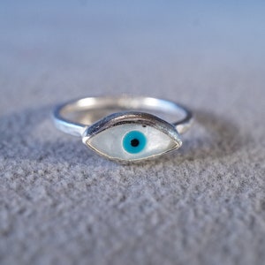 Vintage Sterling Silver Band Ring Marquise Mother Od Pearl Turquoise Black Onyx Greek Eye Of God Spiritual Collectable Classic, Size 7