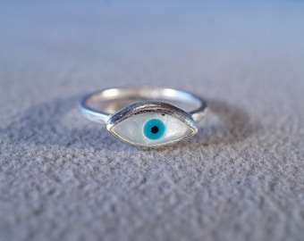 Vintage Sterling Silver Band Ring Marquise Mother Od Pearl Turquoise Black Onyx Greek Eye Of God Spiritual Collectable Classic, Size 7