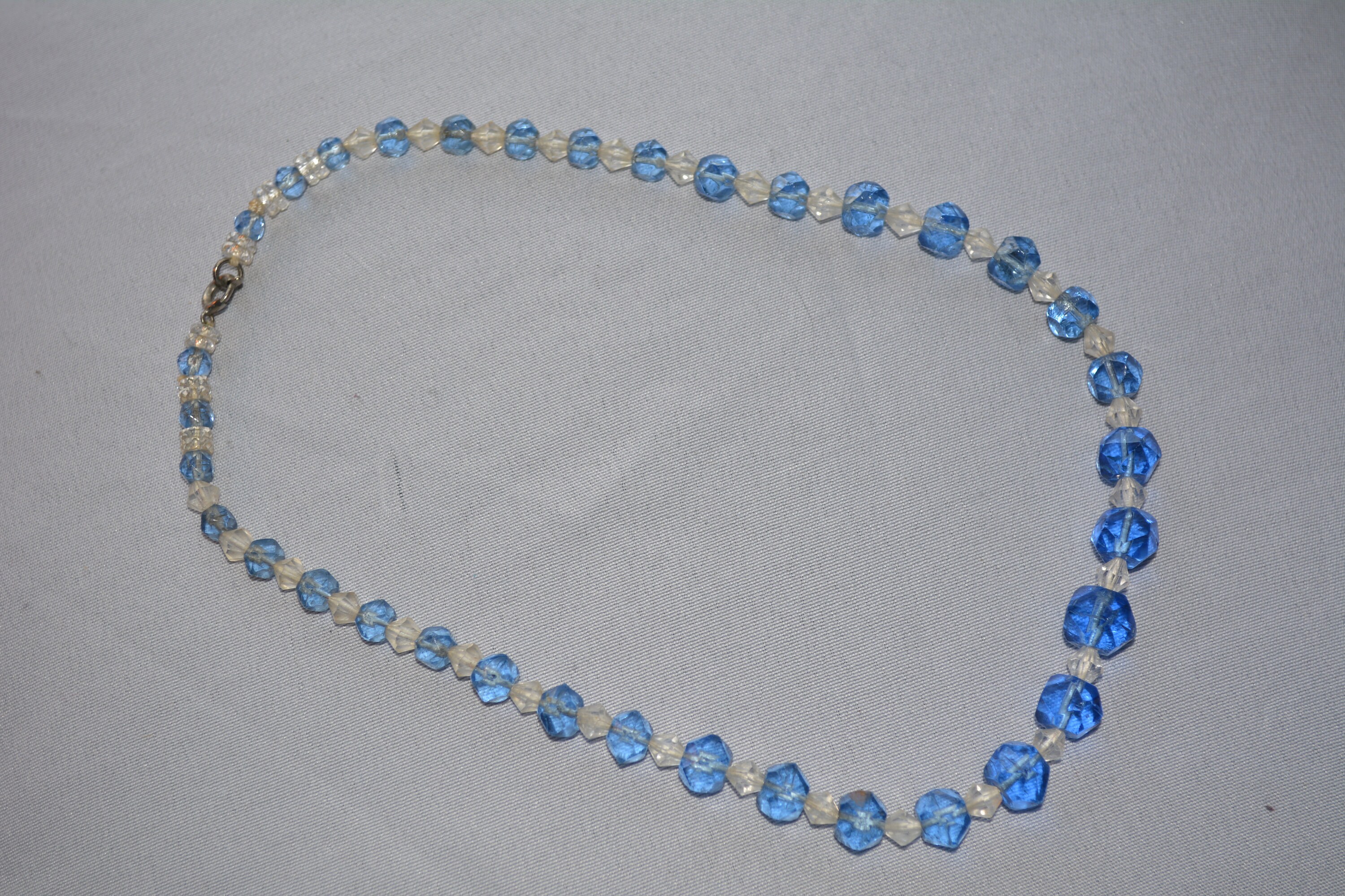Vintage Blue and Clear Glass Bead Necklace With Graduated