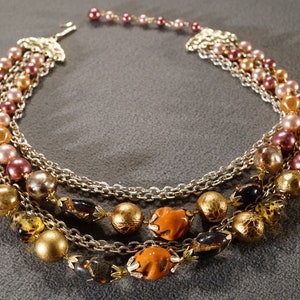 Vintage Art Deco Style Yellow Gold Tone Glass Beads Mutli Strand Necklace Dangle Adjustable Jewelry    K#43
