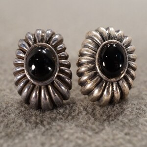 Vintage Pierced Earrings Stud Button Setting Sterling Silver 2 Oval Bezel Set Black Onyx Raised Relief Ribbed Setting Collectable      #2727
