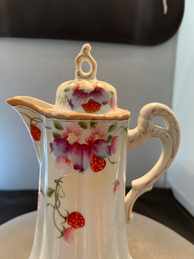Antique Vintage Japan Porcelain Chocolate Coffee Pot Scrolled Floral