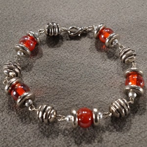Vintage Art Deco Style Silver Tone Red Glass Beads Scrolled Bracelet Stackable Jewelry   K#20