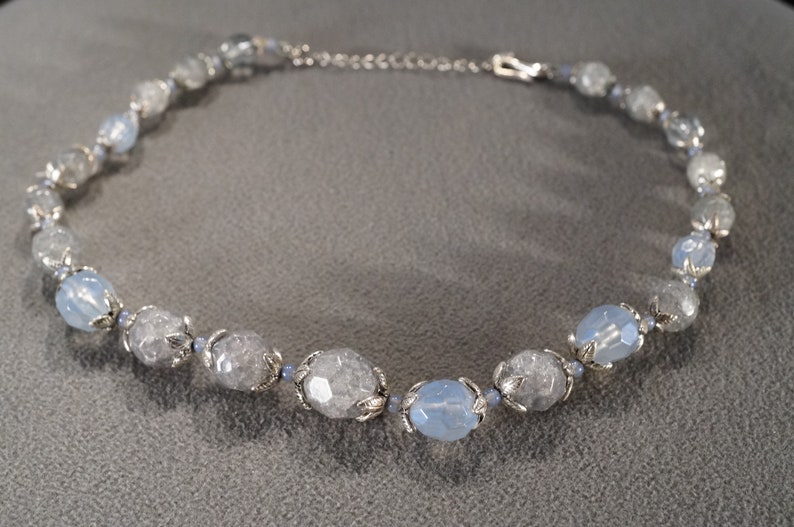 Vintage Art Deco Style Silver Tone Round Blue Scrolled Glass Beads Dangle Necklace Jewelry K#27