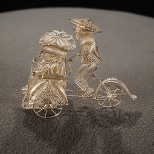 Antique Vintage Sterling Silver Asian Style Figural Rick Shaw Cart Carrying Passenger Detailed Etched Scrolled Articulated Design Home Decor