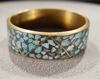 Vintage Indian Bracelets Turquoise & Brass Inlaid 70s Pair Vintage Indian Bracelets Turquoise & Brass Inlaid 70s Pair