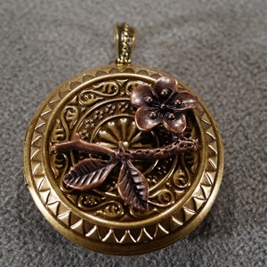 Vintage Brass Copper Pendant Charm Round Locket Etched Scrolled Raised Relief Branch Floral Setting Hinged Design Victorian Style    #2935