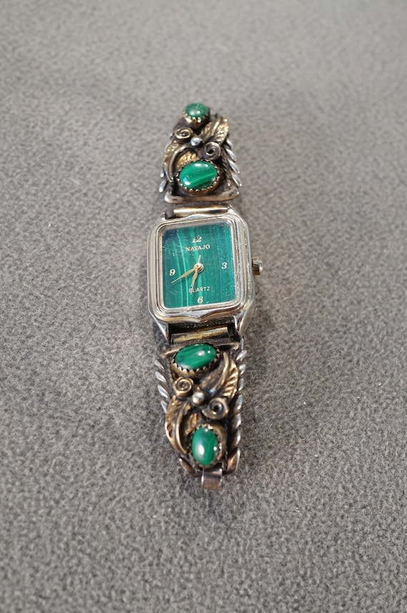 Vintage Wrist Quartz Movement Watch Sterling Silver 5 Oval Rectangle Malachite Etched Scrolled Raised Relief Southwestern Style Artist #1308