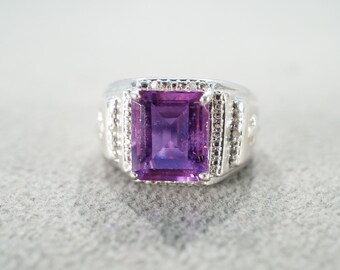 Antique Vintage Band Ring Sterling Silver 7 Rectangle Round Prong Set Diamond African Amethyst Raised Relief Cross Multi Stone Setting, 9.5
