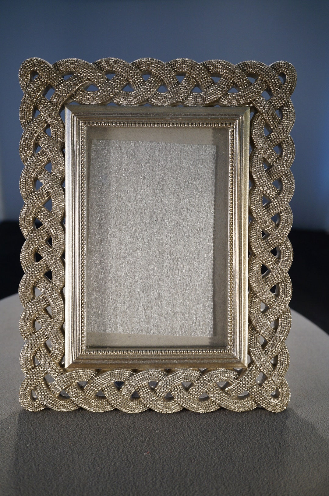 Vintage Rectangle Picture Frame Silver Tone Raised Relief Bead