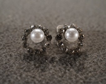 Vintage Art Deco Style Silver Tone Faux Pearl Round Stud Style Pierced Earrings Jewelry   K#1