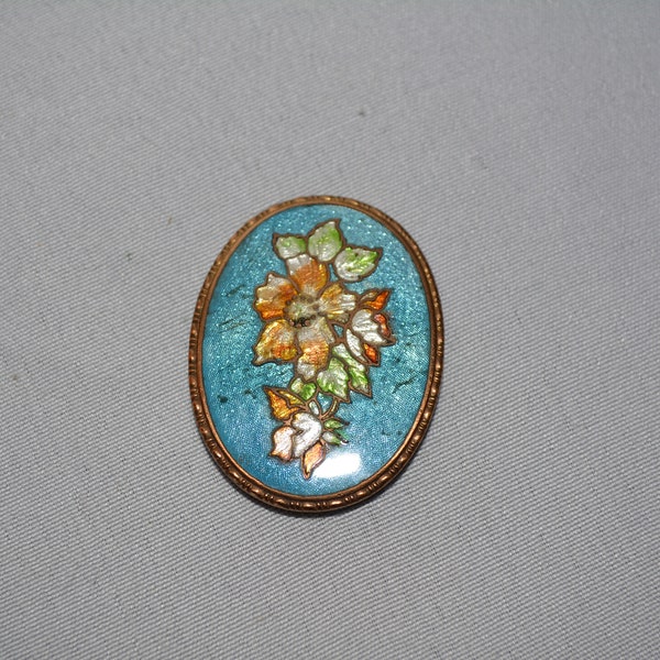 antique brass enamel oval pin broche with hook closure in floral design and beautiful aqua background 1 1/2 x 1 1/8 inches  **m4