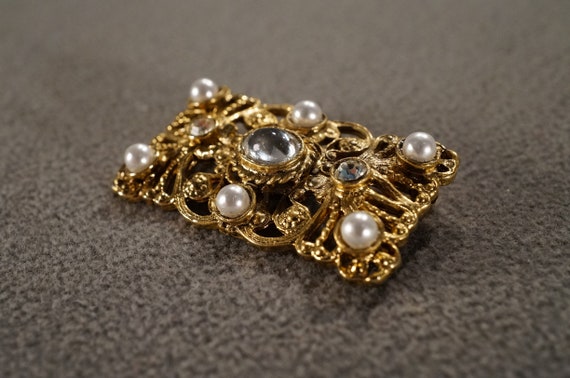 vintage gold tone rectangular pin brooch in filig… - image 3