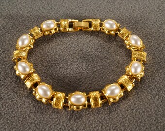 Vintage Art Deco Style Yellow Gold Tone Faux Pearl Round Line Link Bracelet Stackable Jewelry    K#60