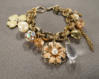 Vintage Art Deco Style Yellow Gold Tone Glass Stone Rhinestone Aurora Borealis Charm Bracelet Jewelry    K#25