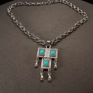 Vintage Art Deco Style Silver Tone Faux Turquoise Square Dangle Pendant Jewelry     K#5