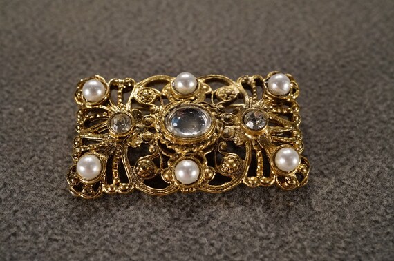 vintage gold tone rectangular pin brooch in filig… - image 1