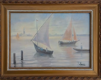 Fishing Boats in the Venetian Lagoon - Antique Oil Painting