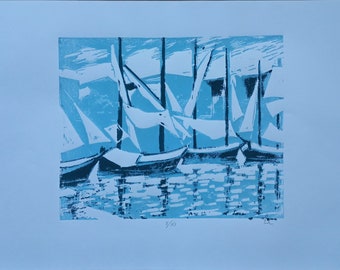 View of a Port - Color Linocut Print