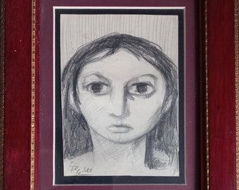 Portrait of a Young Girl - Antique Drawing by Hungarian Artist György Farkas