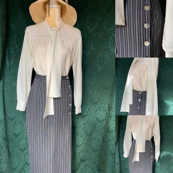 80s Victorian Button-Up Skirt/ Gray Striped Skirt/