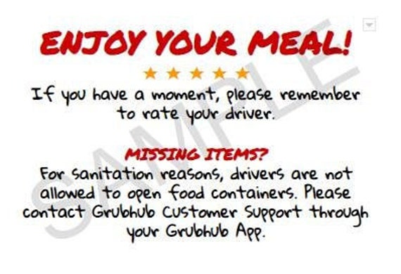 Grubhub Thank You Cards Enjoy Your Meal Etsy