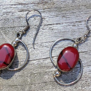 Vintage Mexican Sterling Silver Red Jasper Dangle Hook Earrings Artisan Wirework