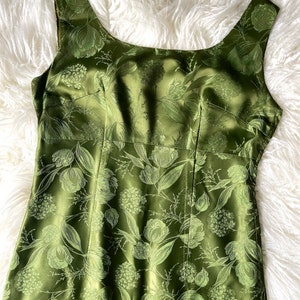 vintage 30’s (?) 40’s olive avocado green floral satin sleeveless midi dress, Small, handmade