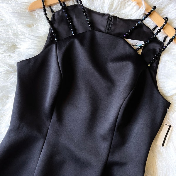 vintage 90’s deadstock black mini cocktail dress with triple beaded straps dress Linda Segal NWT size 8