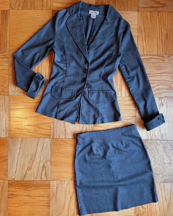 90’s charcoal gray blazer & mini skirt set by Line