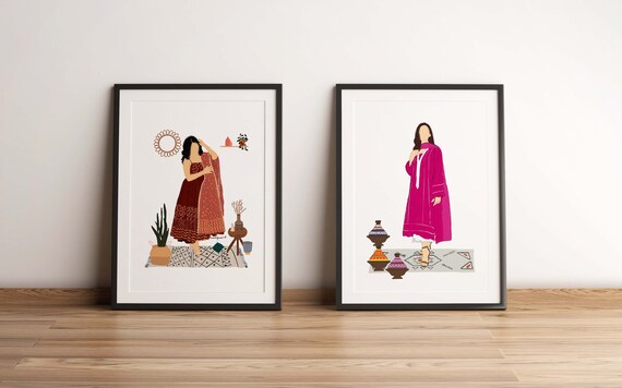 Desi Art Prints, Indian Pakistani Women, Traditional Dress Illustration, Set of 2