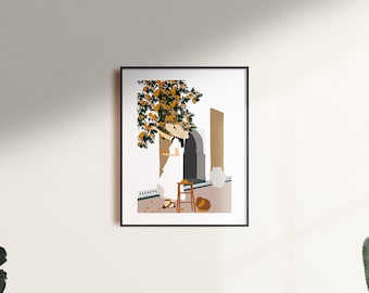 Girl With Orange Art Print, Minimalist Home Decor (A4)